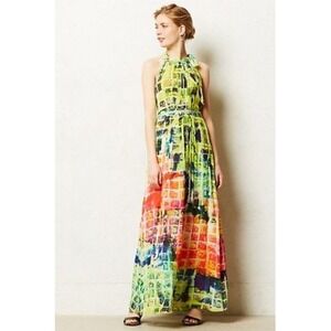 Geisha Designs Anthopologie Lime Green Halter Maxi Dress Postage Stamp Sz 10